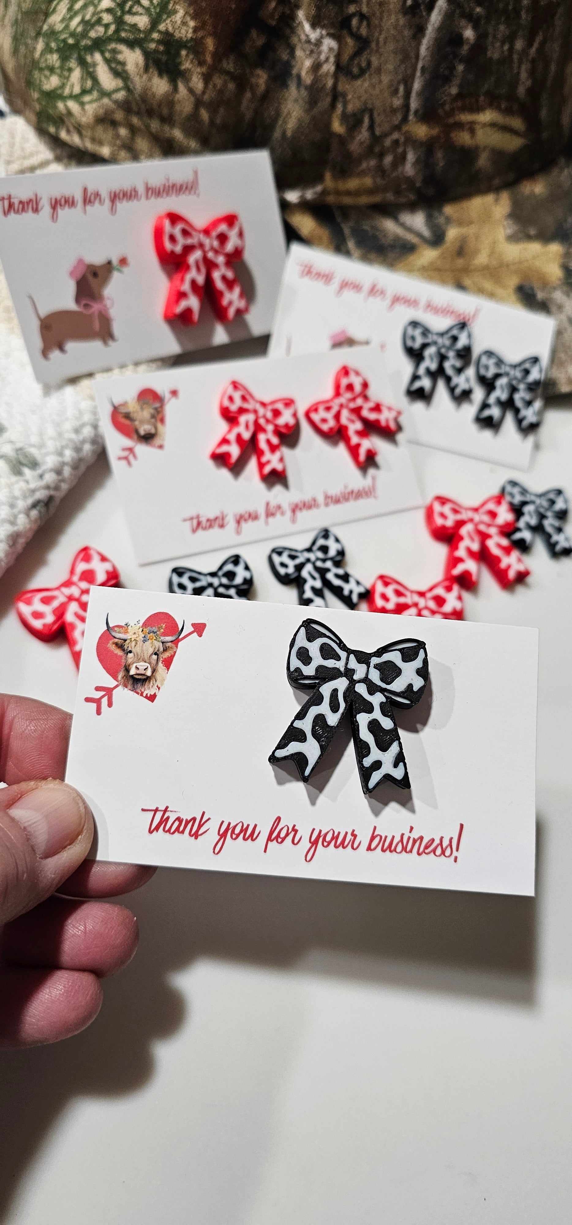 Bag of 25 -Boutique 3d Printed Package Inserts Cow Print Bows Pins or Earrings Made in America by Baha Ranch Western Wear...