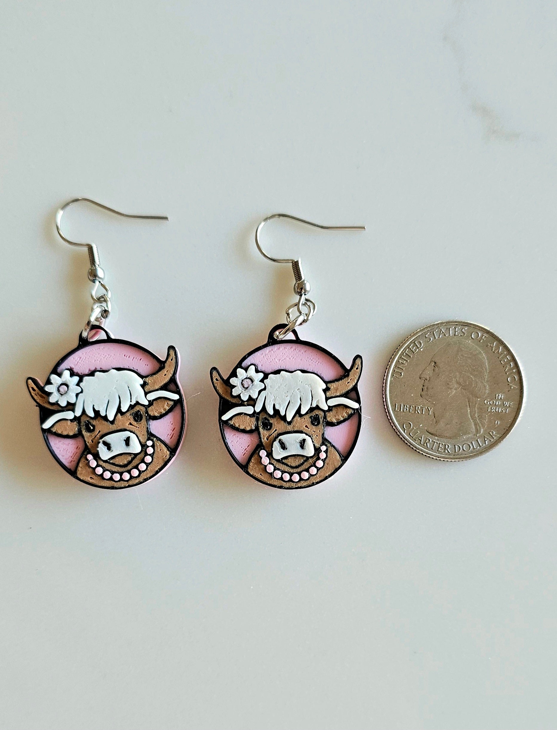 3D Print Cowgirl Highland Cow Picture Necklace or Earrings Western Made in America by Baha Ranch Western Wear - product...