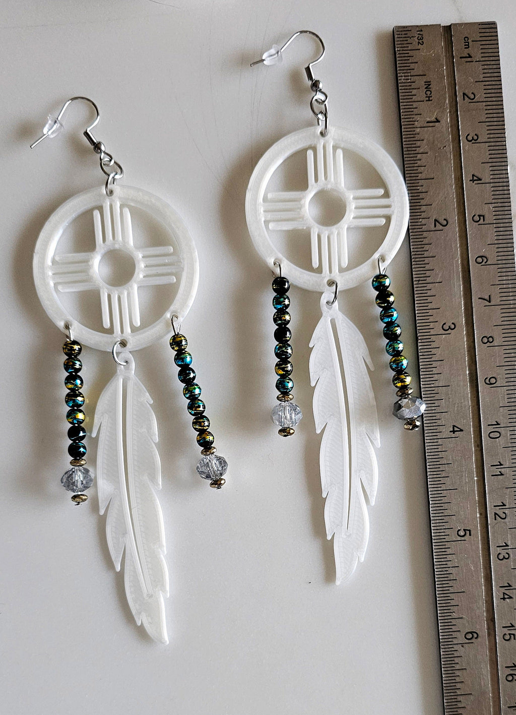 3D print Lightweight New Mexico Zia Feather Dream Catcher Earrings Made in America by Baha Ranch Western Wear - product...
