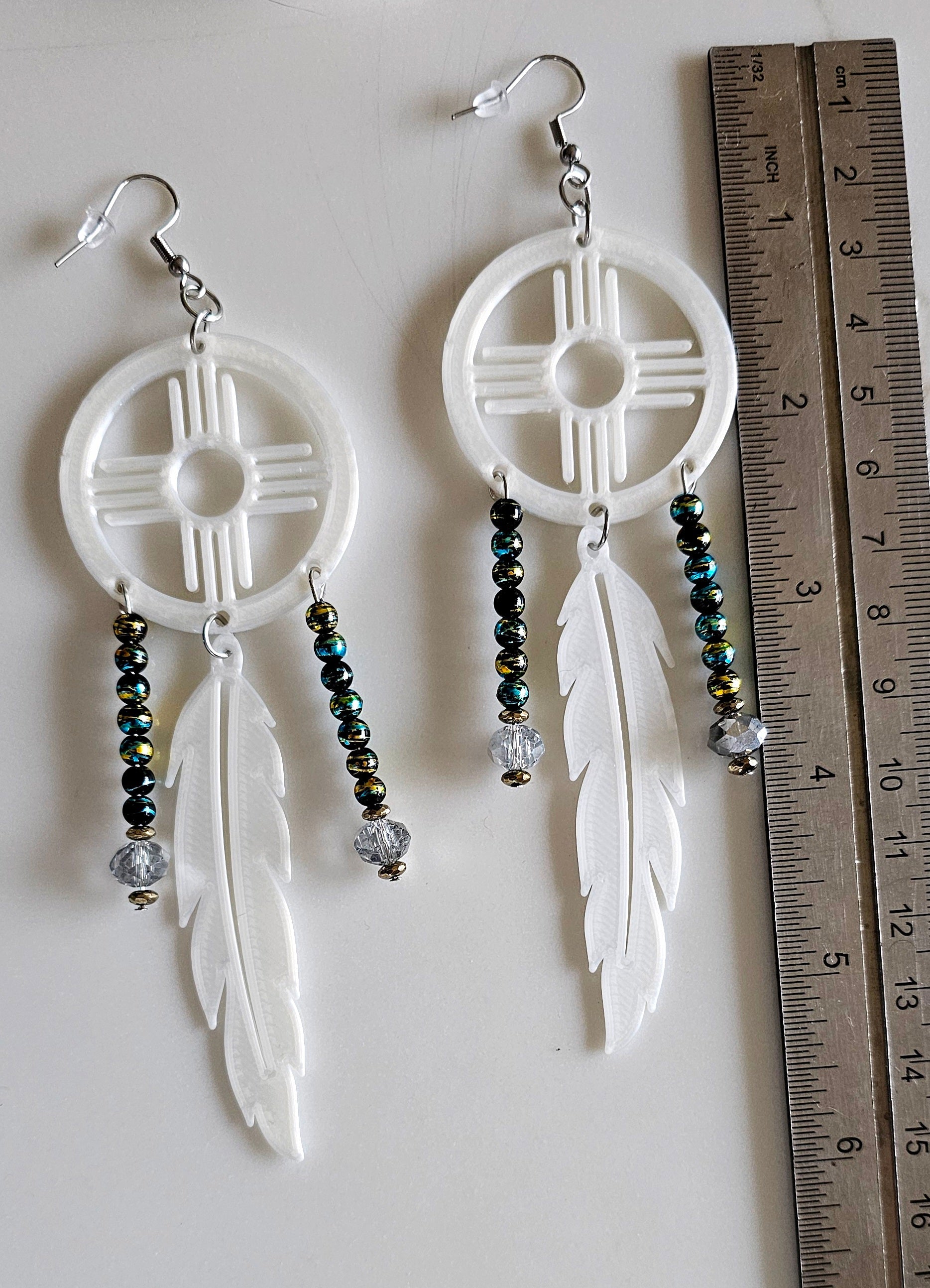 3D print Lightweight New Mexico Zia Feather Dream Catcher Earrings Made in America by Baha Ranch Western Wear - product...