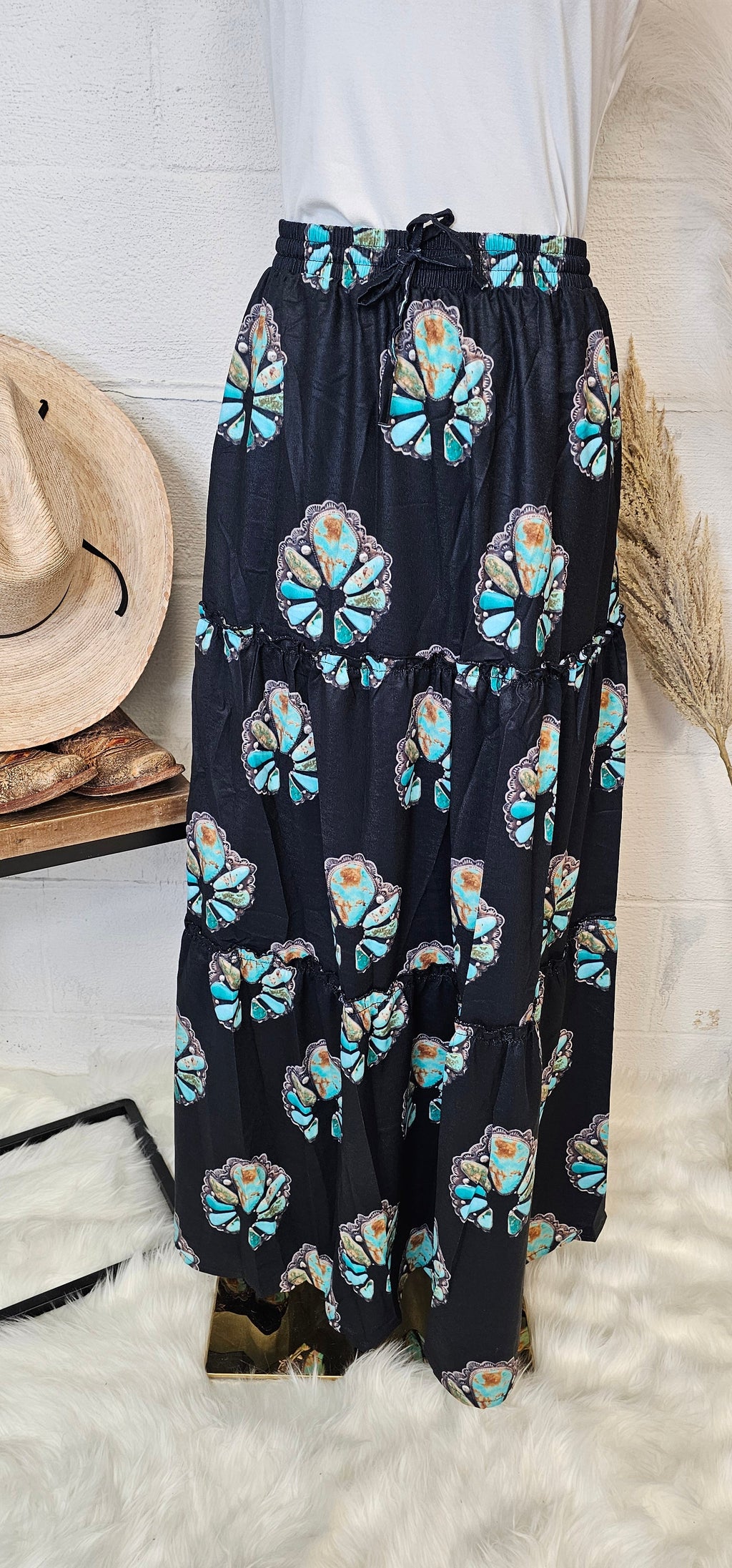 Baha Ranch Turquoise Naja Southwestern Tiered Prairie Maxi Skirt by Baha Ranch Western Wear