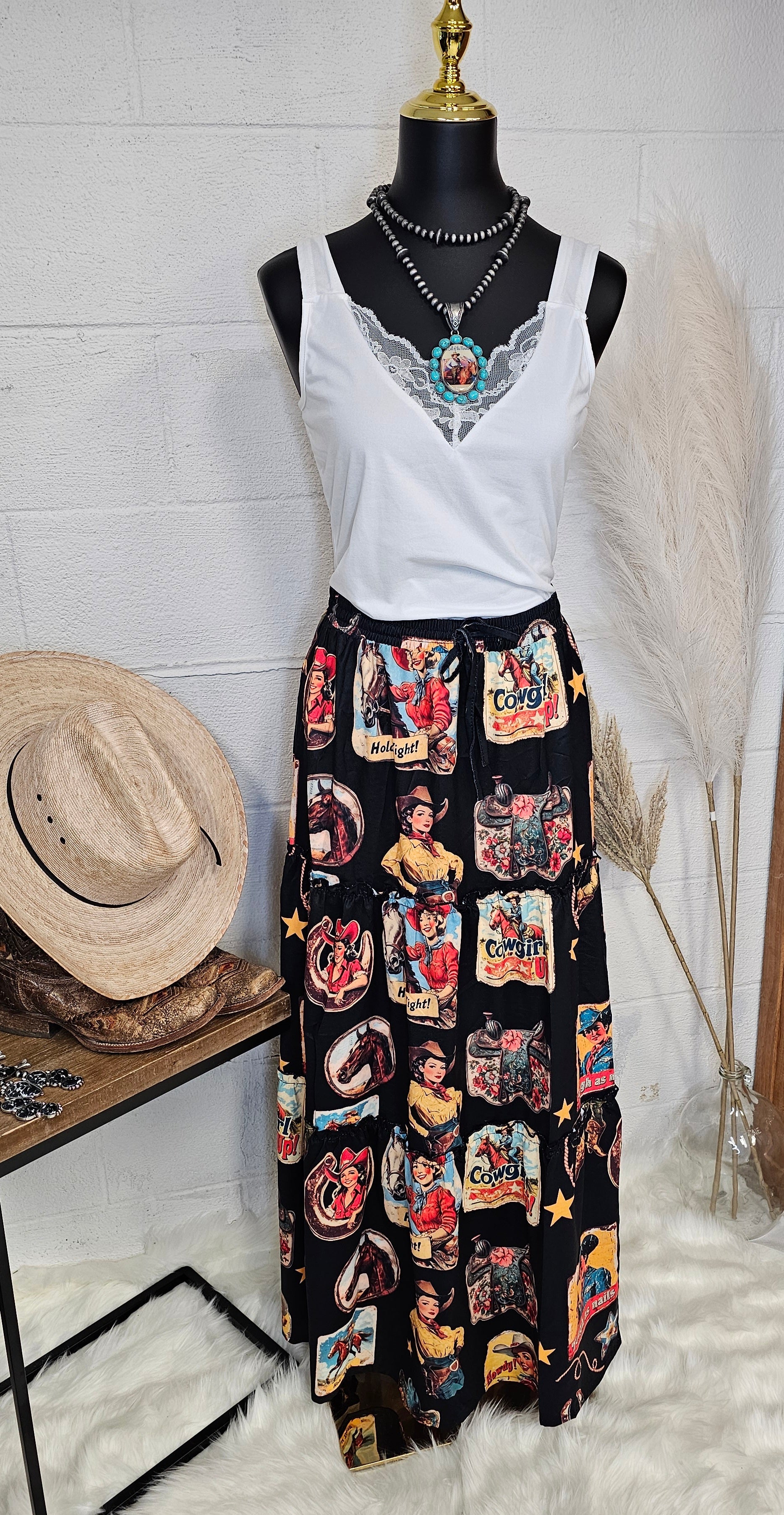 Baha Ranch Vintage Cowgirl Collage Western Tiered Prairie Maxi Skirt by Baha Ranch Western Wear