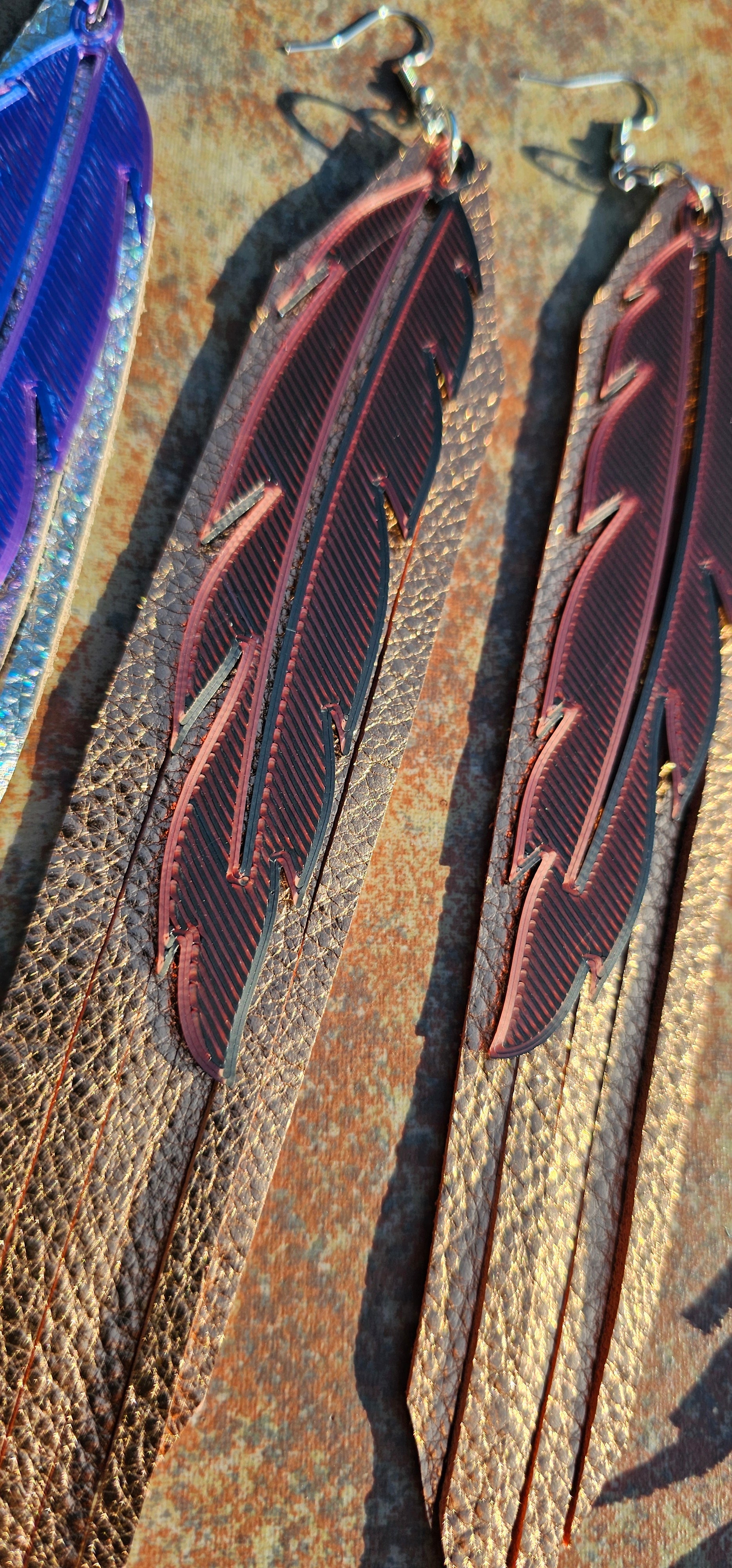 3D Printed Feather Leather Fringe Earrings Made in America by Baha Ranch Western Wear - product image 3