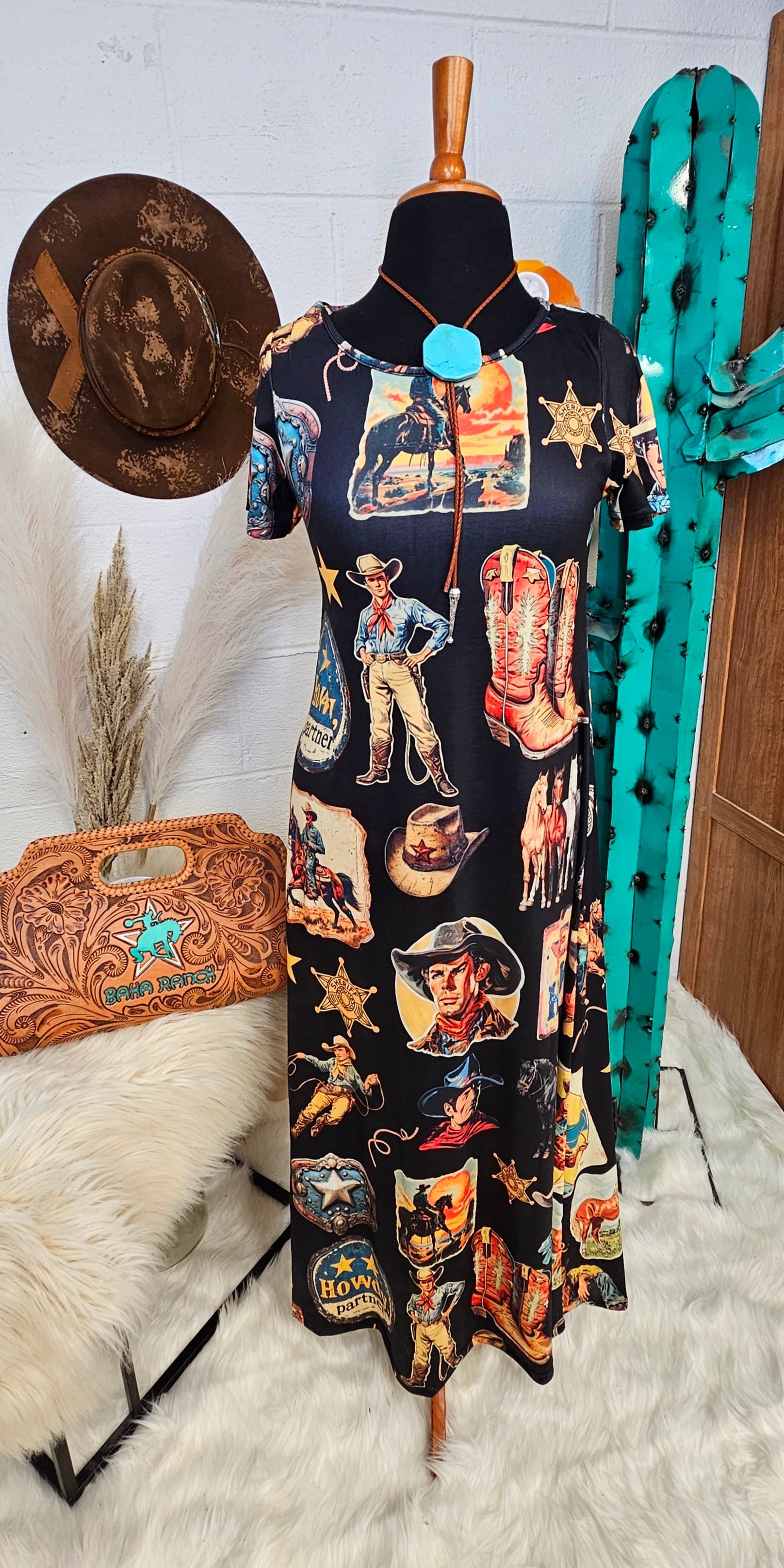 Baha Ranch Vintage Cowboy Collage Western Dress by Baha Ranch Western Wear