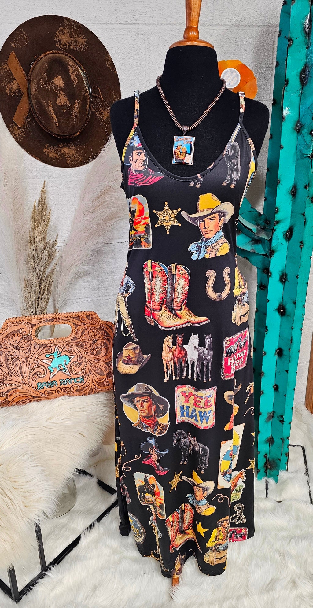 Baha Ranch Vintage Cowboy Collage Western Sun Dress by Baha Ranch Western Wear