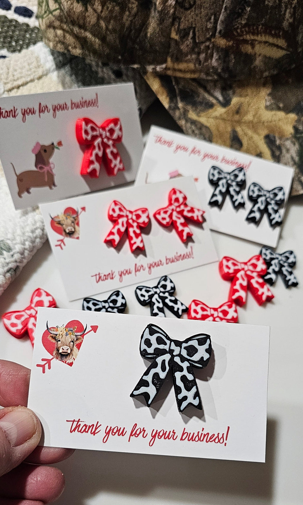 Bag of 25 -Boutique 3d Printed Package Inserts Cow Print Bows Pins or Earrings Made in America by Baha Ranch Western Wear...