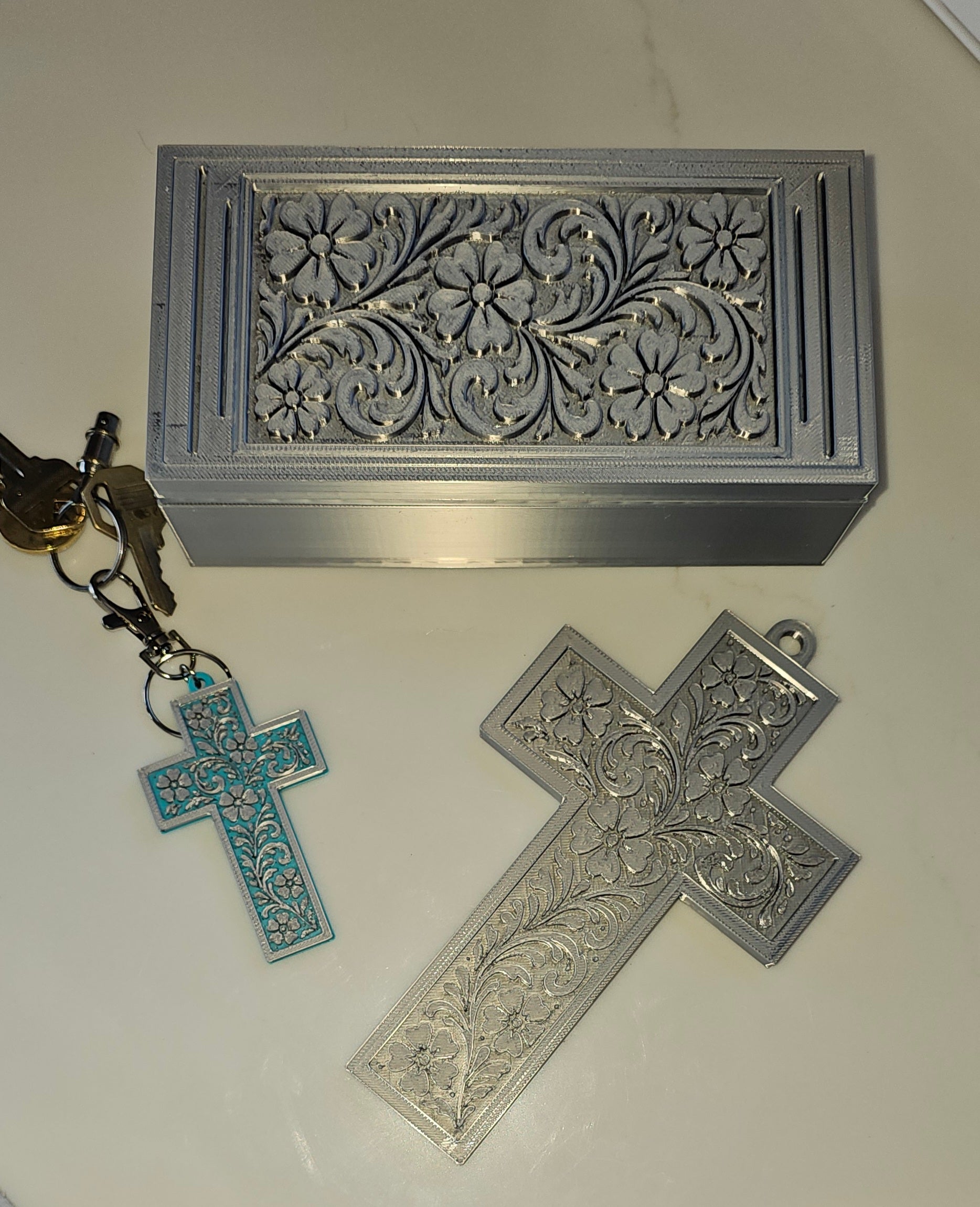 3d Print Silver Tooled Trinket Gift Box or Keychain or Wall Cross by Baha Ranch Western Wear