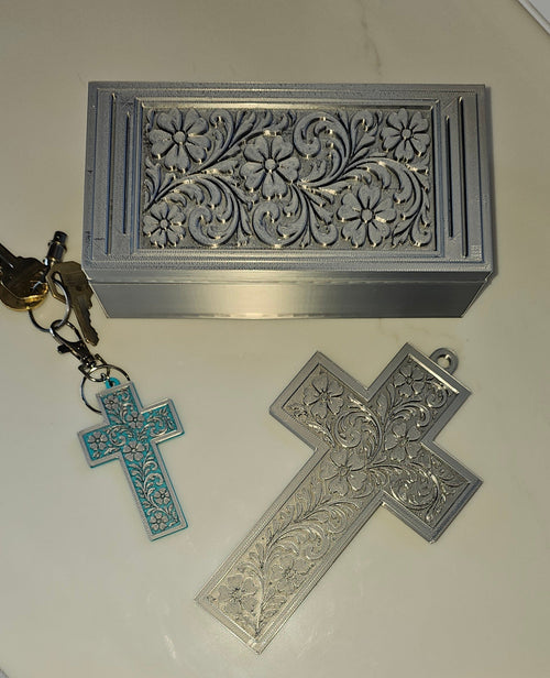 3d Print Silver Tooled Trinket Gift Box or Keychain or Wall Cross by Baha Ranch Western Wear