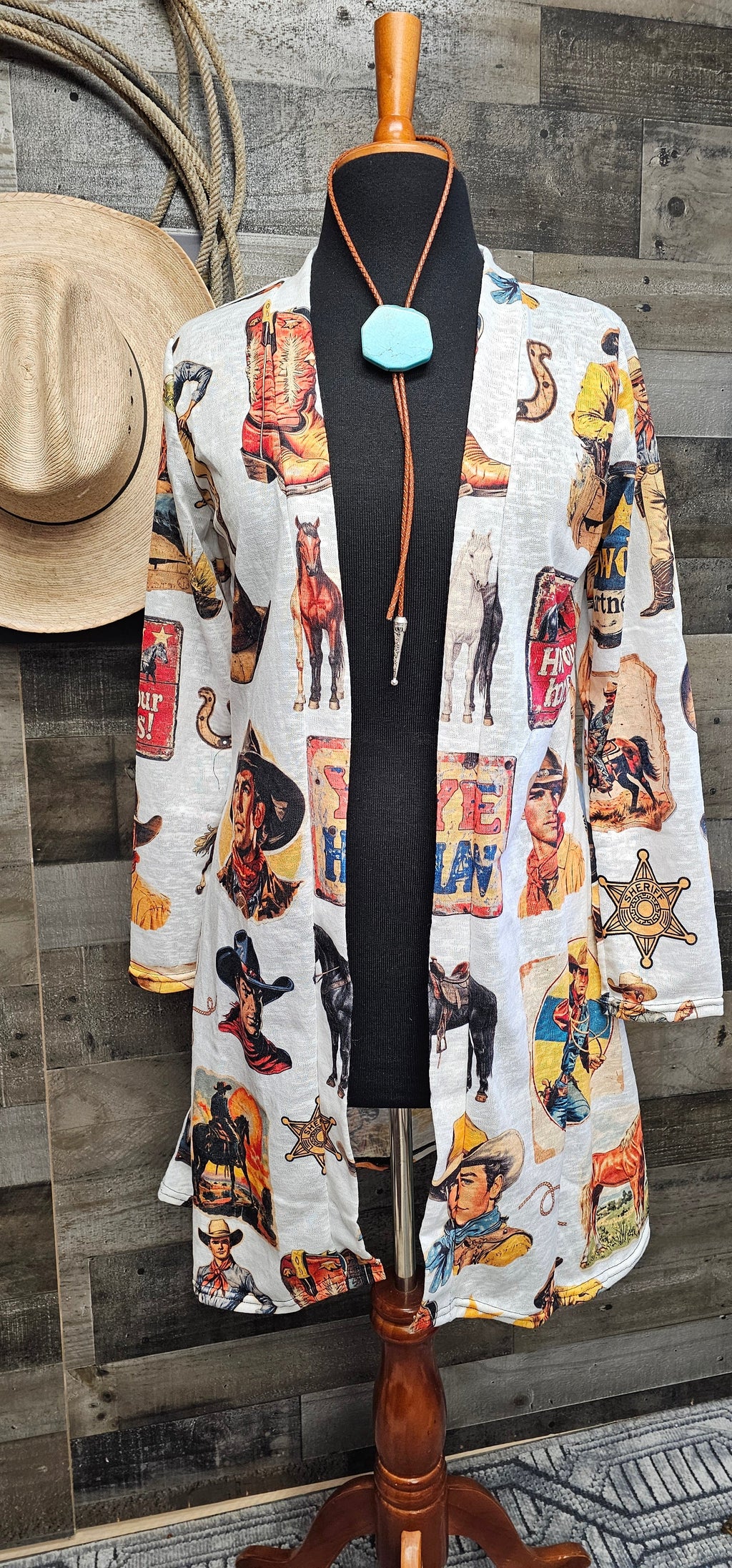 Baha Ranch Vintage Cowboy Collage Western Lightweight Cardigan by Baha Ranch Western Wear