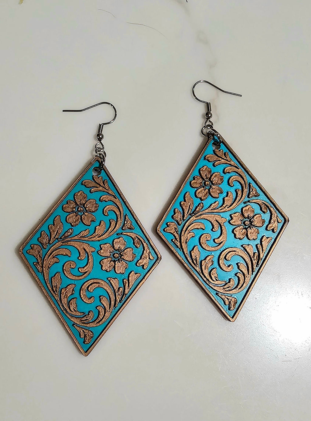 3D Print Western Tooled Bronze-Copper Turquoise Earrings Made in America by Baha Ranch Western Wear - product image 2