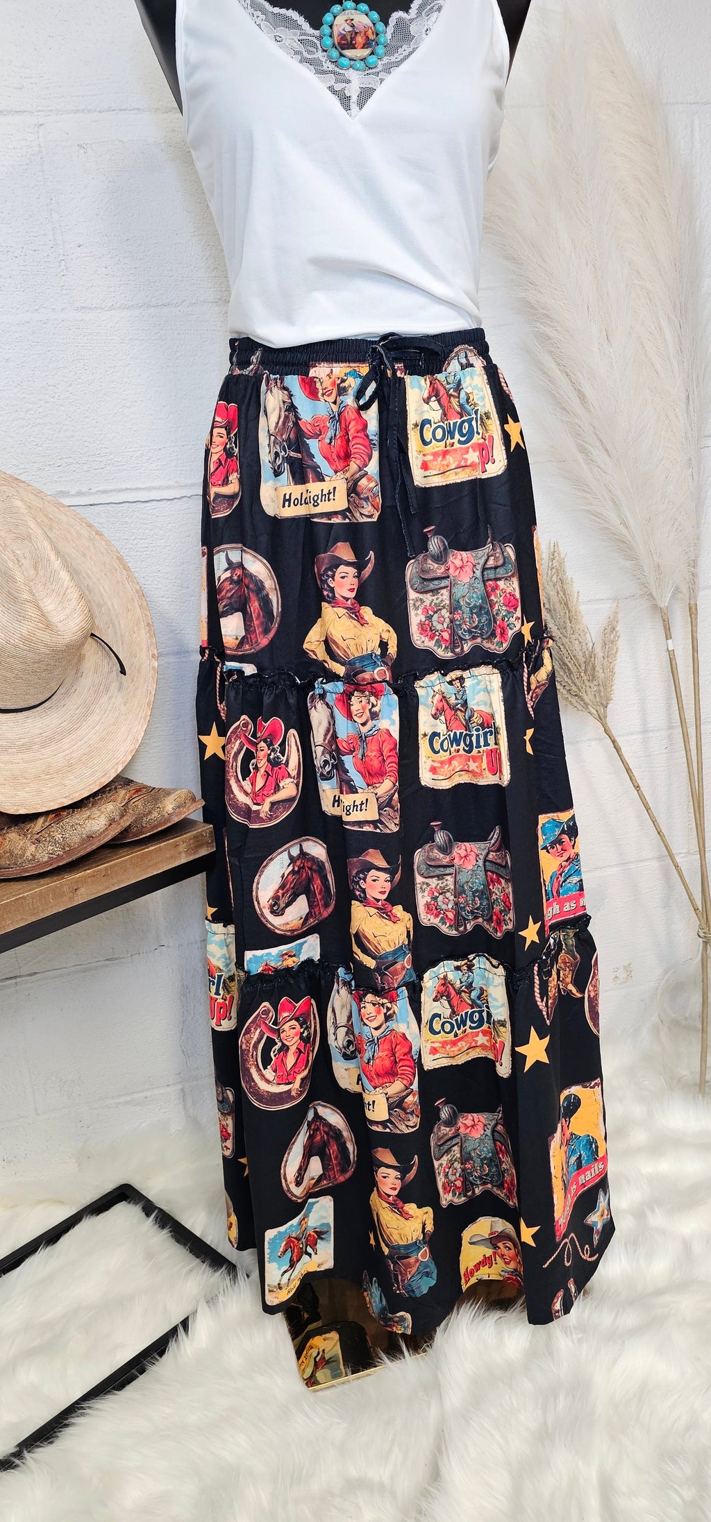 Baha Ranch Vintage Cowgirl Collage Western Tiered Prairie Maxi Skirt by Baha Ranch Western Wear - product image 3