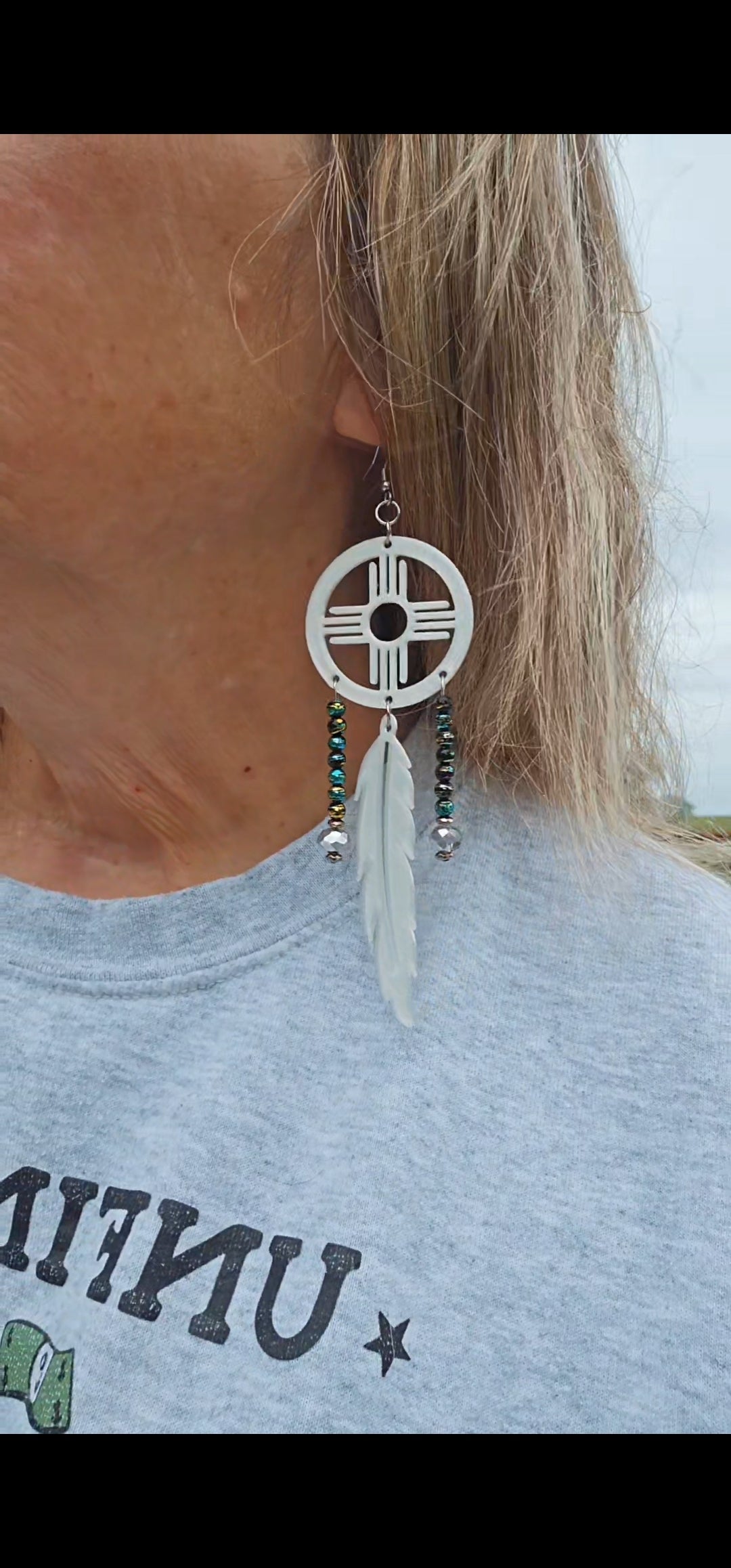 3D print Lightweight New Mexico Zia Feather Dream Catcher Earrings Made in America by Baha Ranch Western Wear - product...