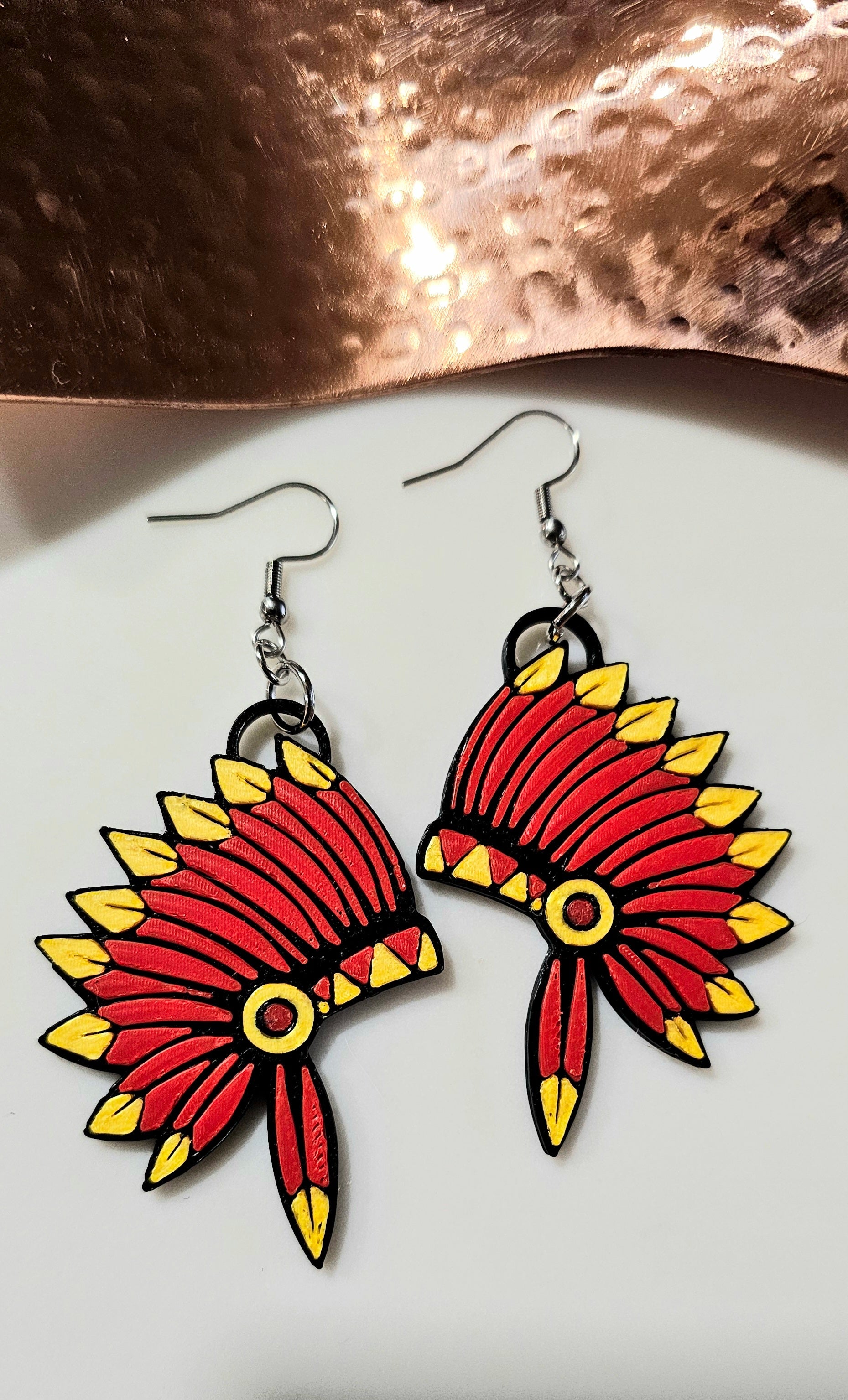 3D Print Kansas City Indian Headdress Chiefs Earrings Made in America by Baha Ranch Western Wear