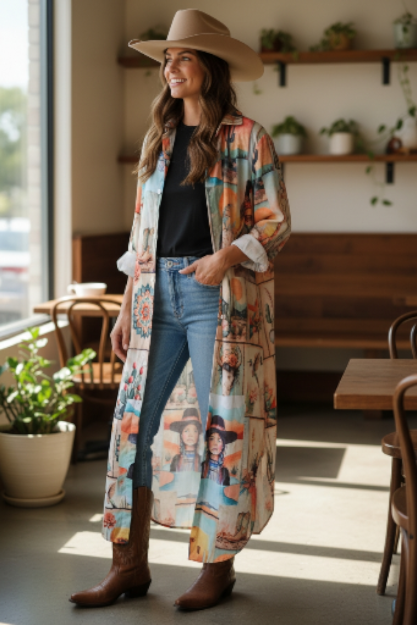 Baha Ranch Colores de Mexico Pictures of the Southwest Button-Up Long Sleeve Shirt Dress Duster by Baha Ranch Western...