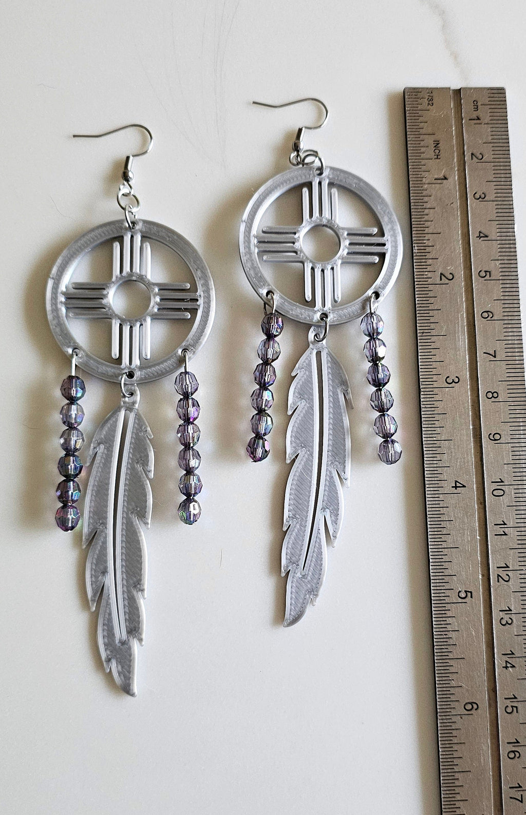 3D print Lightweight Silver New Mexico Zia Feather Dream Catcher Earrings Made in America by Baha Ranch Western Wear -...