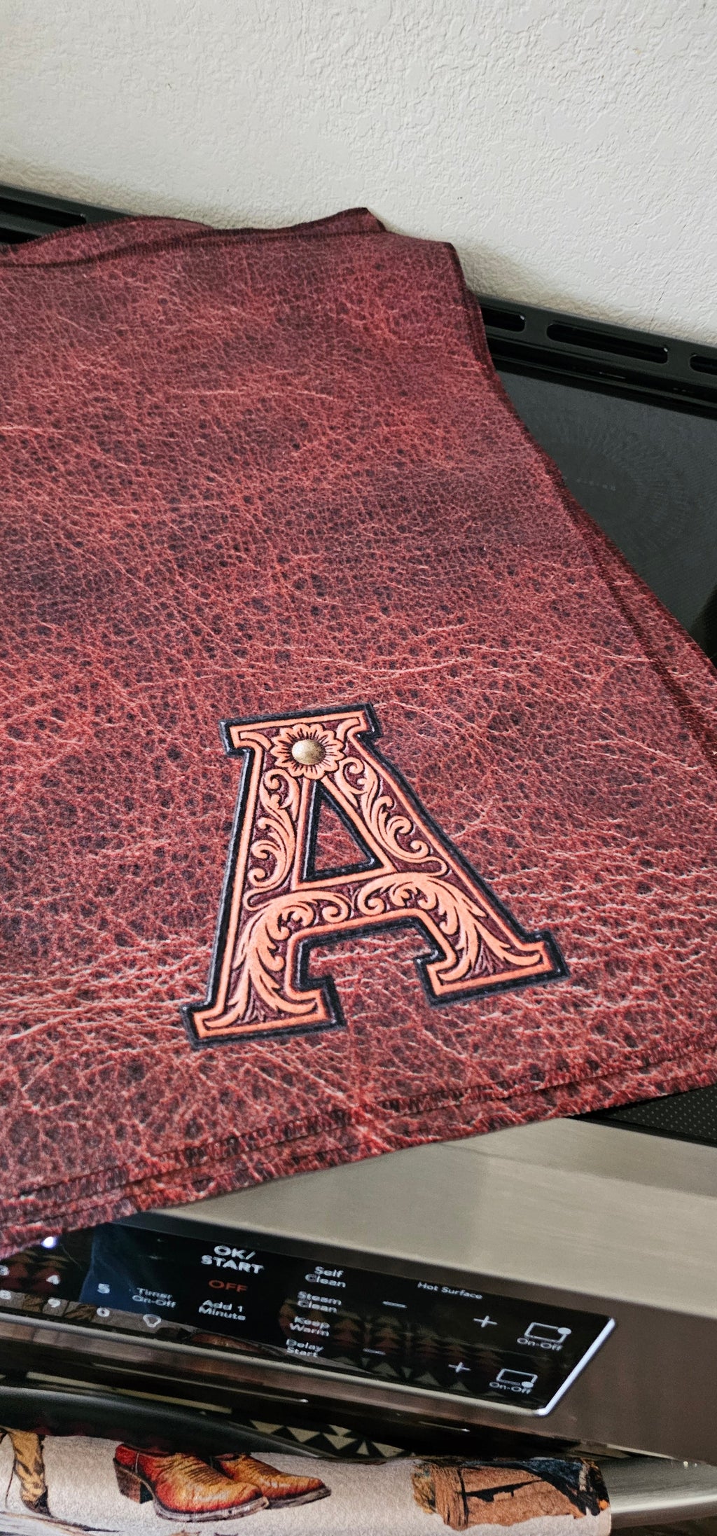 Baha Ranch Monogrammed Initial Western Leather Look Saddle Longhorn Cowboy Cowgirl Kitchen Dish Towels Made in America by...
