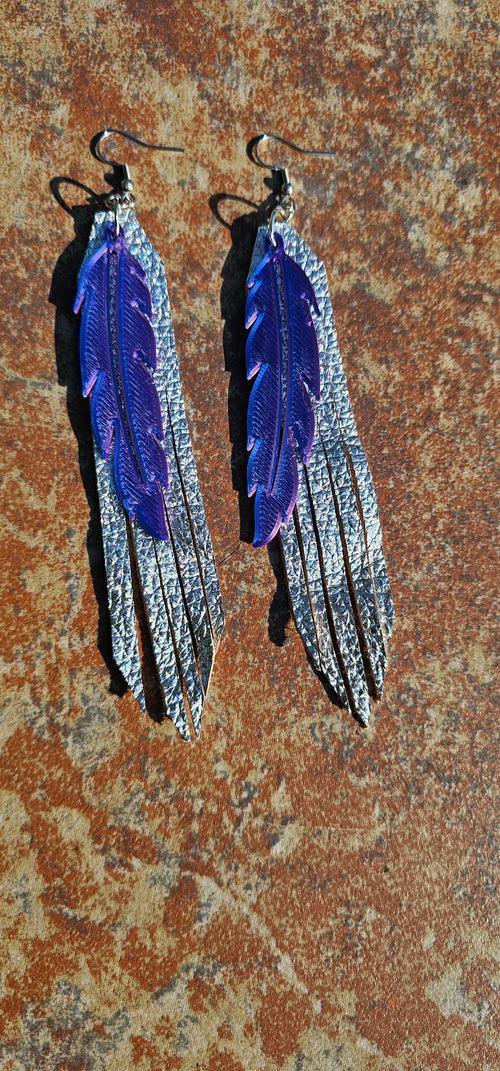 3D Printed Feather Leather Fringe Earrings Made in America by Baha Ranch Western Wear