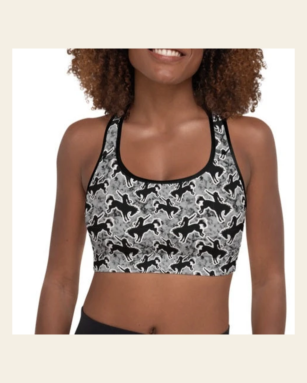 Rodeo Bronc Padded Sports Bra on a warm cream background