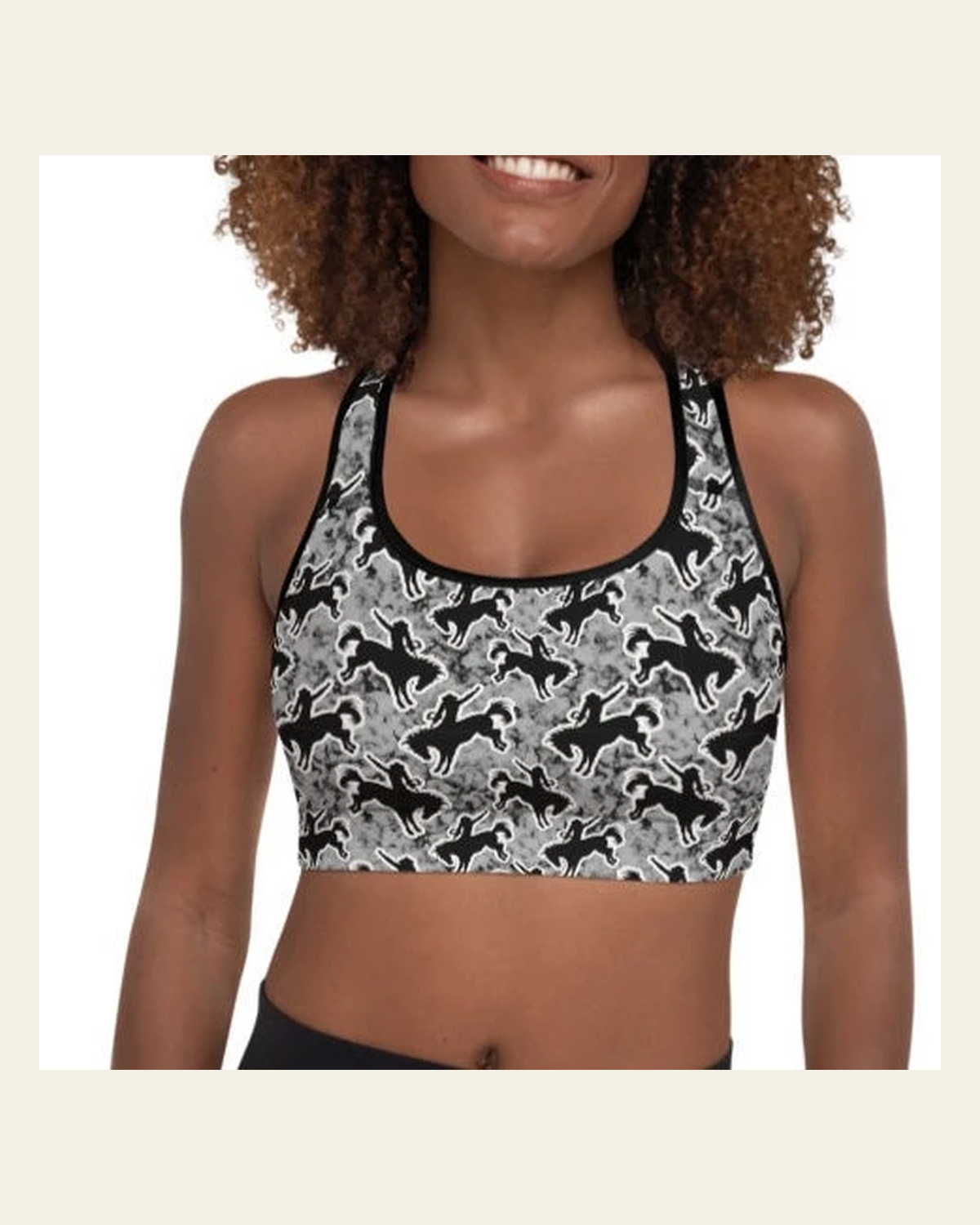 Rodeo Bronc Padded Sports Bra on a warm cream background