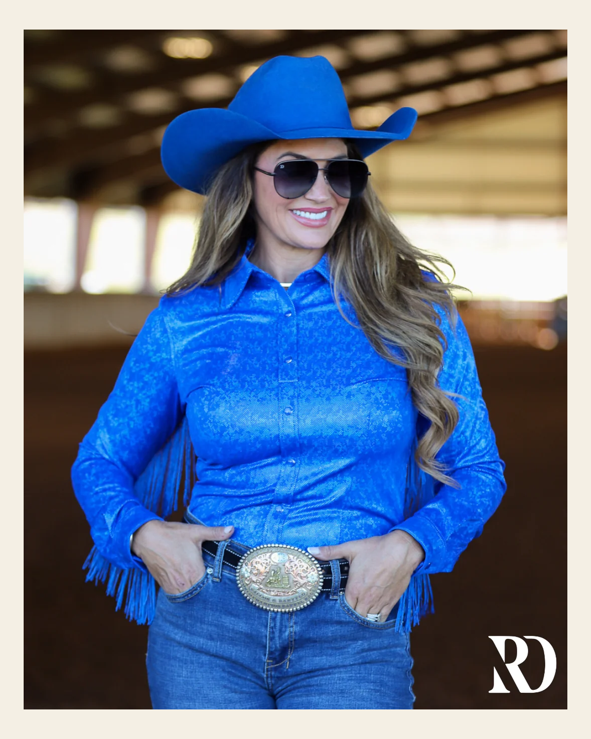 Royal Sparkle & Fringe Performance Rodeo Shirt on a warm cream background