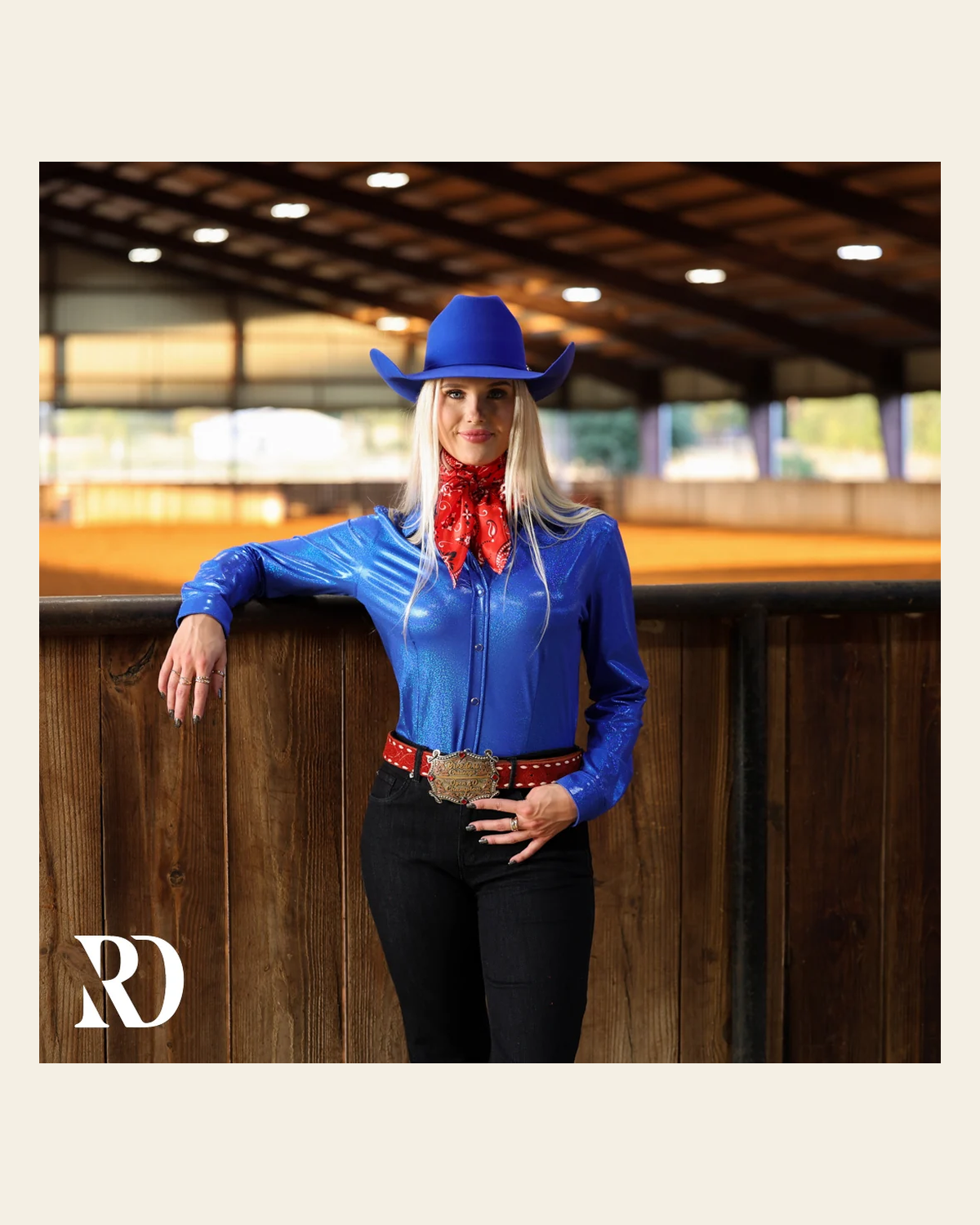 Royal Sparkle Performance Rodeo Shirt on a warm cream background