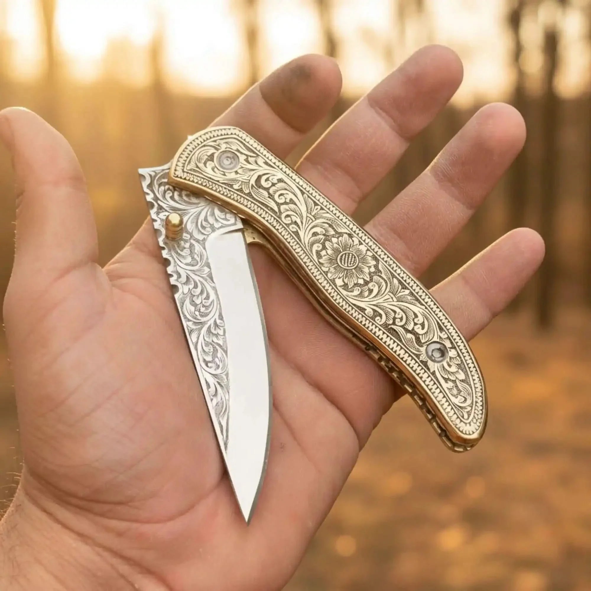 Handmade Floral Engraved Brass Folding Knife for EDC