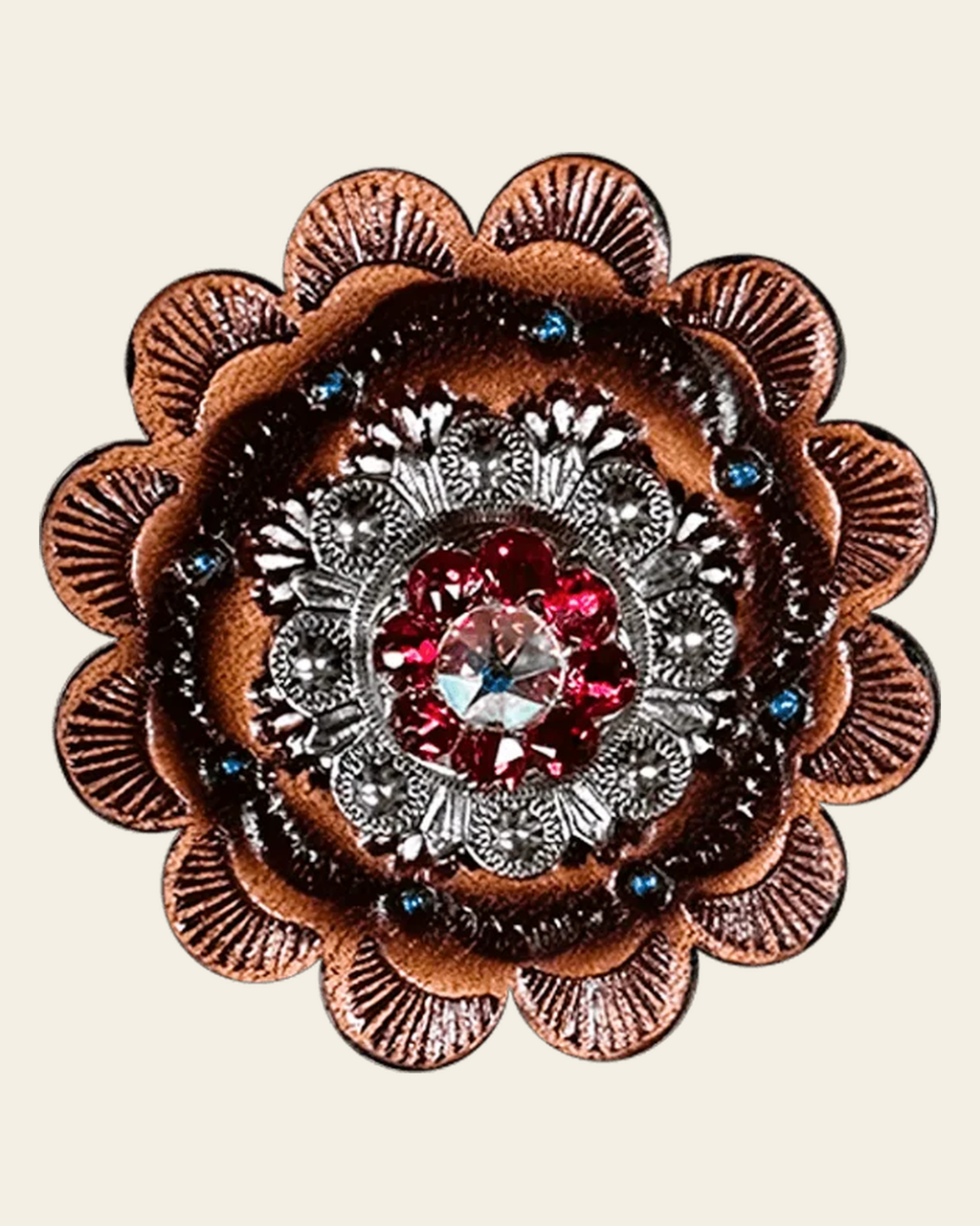 Red & AB Antique Silver 1" European Crystal Concho and Leather Rosette on a warm cream background