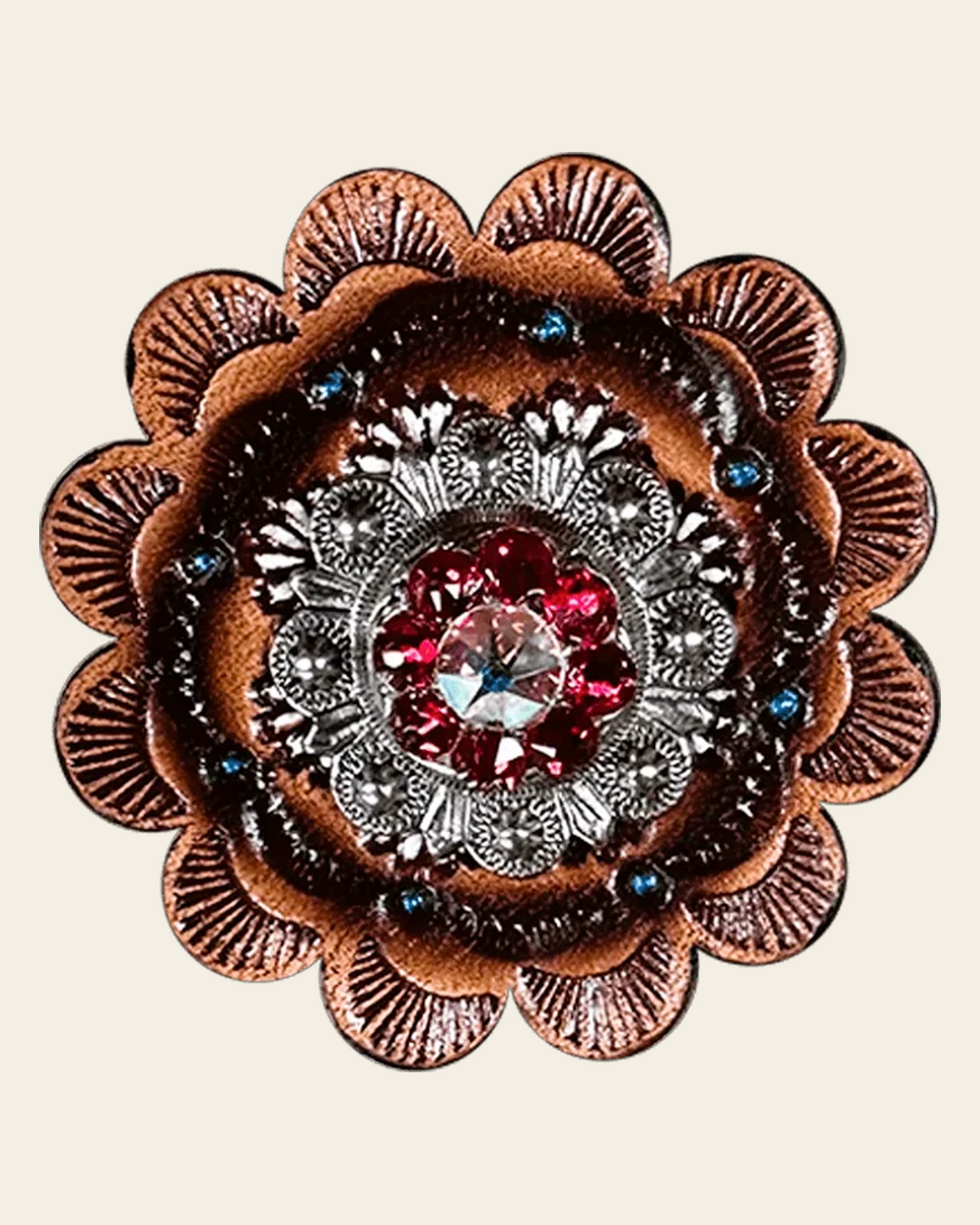 Red & AB Antique Silver 1" European Crystal Concho and Leather Rosette on a warm cream background