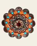 Ruby & Champagne Copper 1" European Crystal Concho and Leather Rosette on a warm cream background