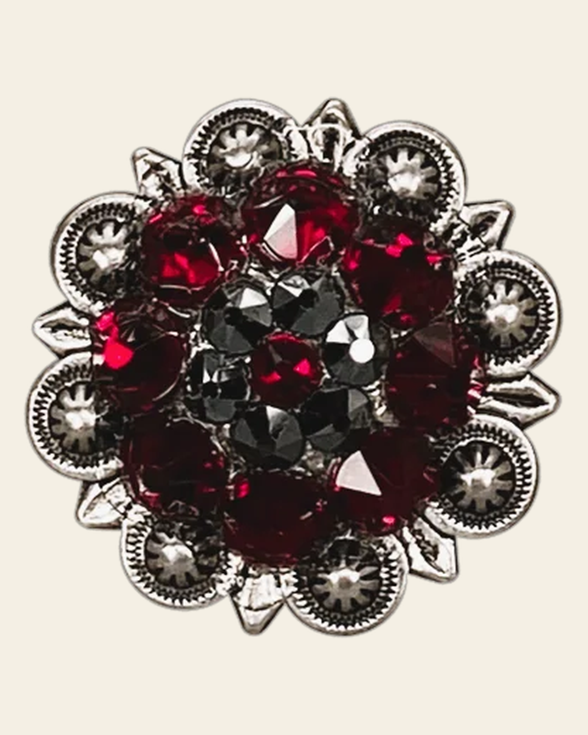 Ruby & Jet Antique Silver 1.25" European Crystal Concho on a warm cream background
