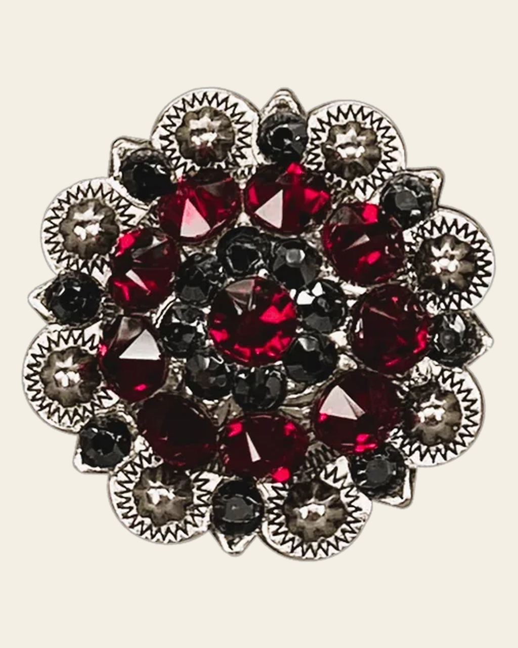 Ruby & Jet Antique Silver 1.5" European Crystal Concho on a warm cream background