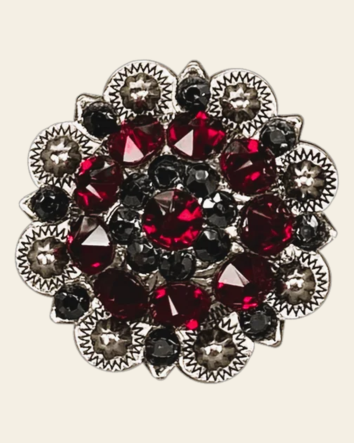 Ruby & Jet Antique Silver 1.5" European Crystal Concho on a warm cream background