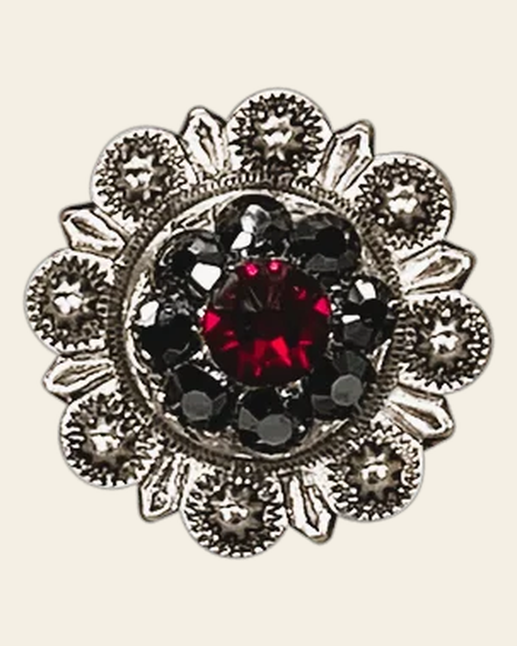 Ruby & Jet Antique Silver 1" European Crystal Concho on a warm cream background
