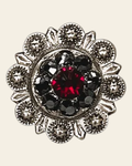 Ruby & Jet Antique Silver 1" European Crystal Concho on a warm cream background