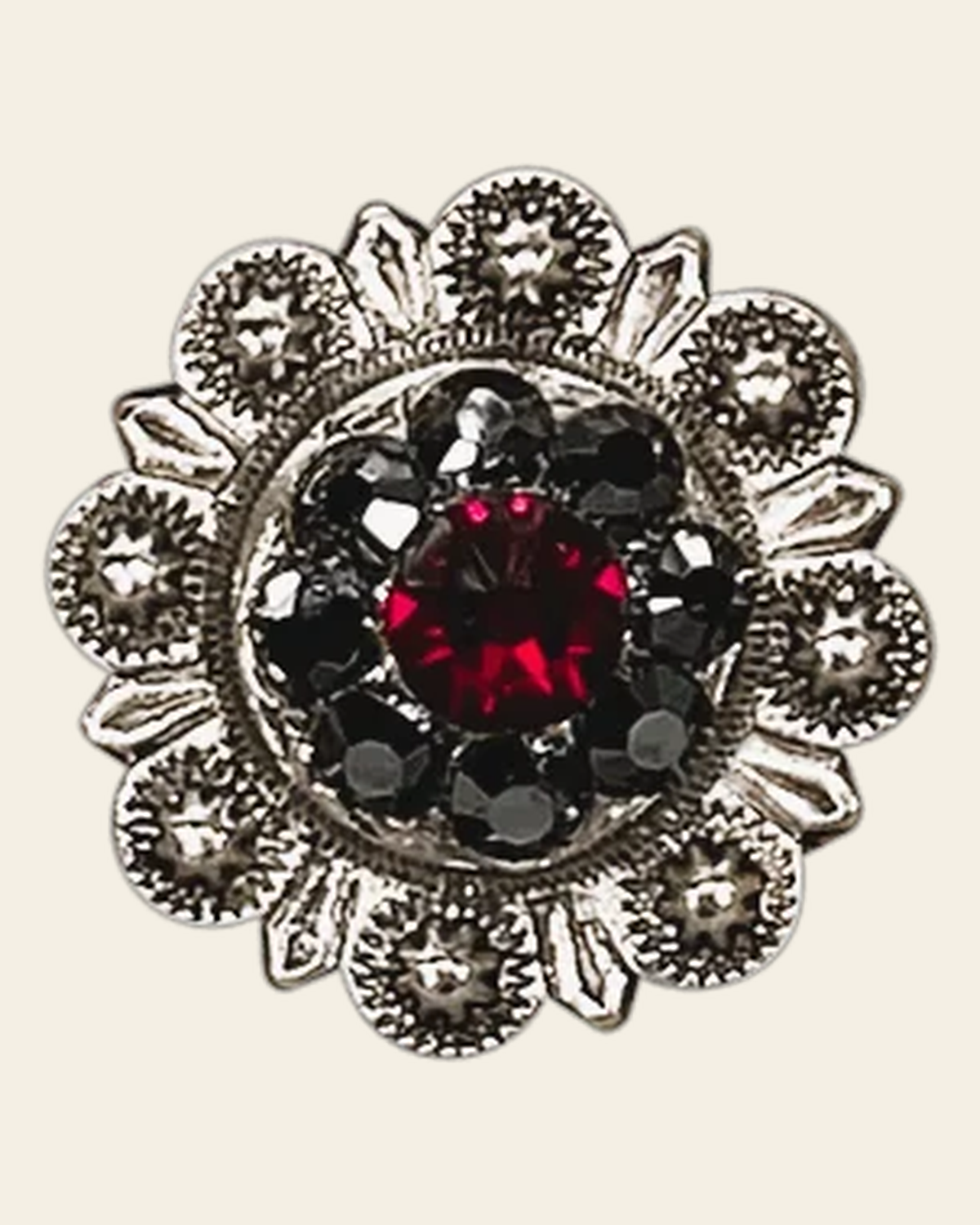 Ruby & Jet Antique Silver 1" European Crystal Concho on a warm cream background
