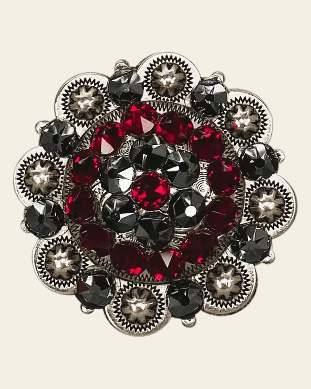 Ruby & Jet Antique Silver 2" European Crystal Concho on a warm cream background