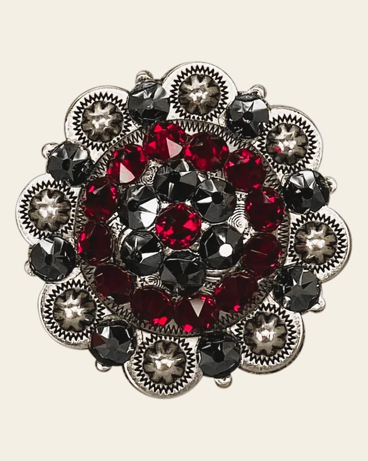 Ruby & Jet Antique Silver 2" European Crystal Concho on a warm cream background