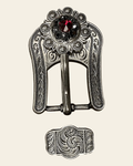 Ruby & Jet Antique Silver European Crystal Buckle Keeper Set on a warm cream background