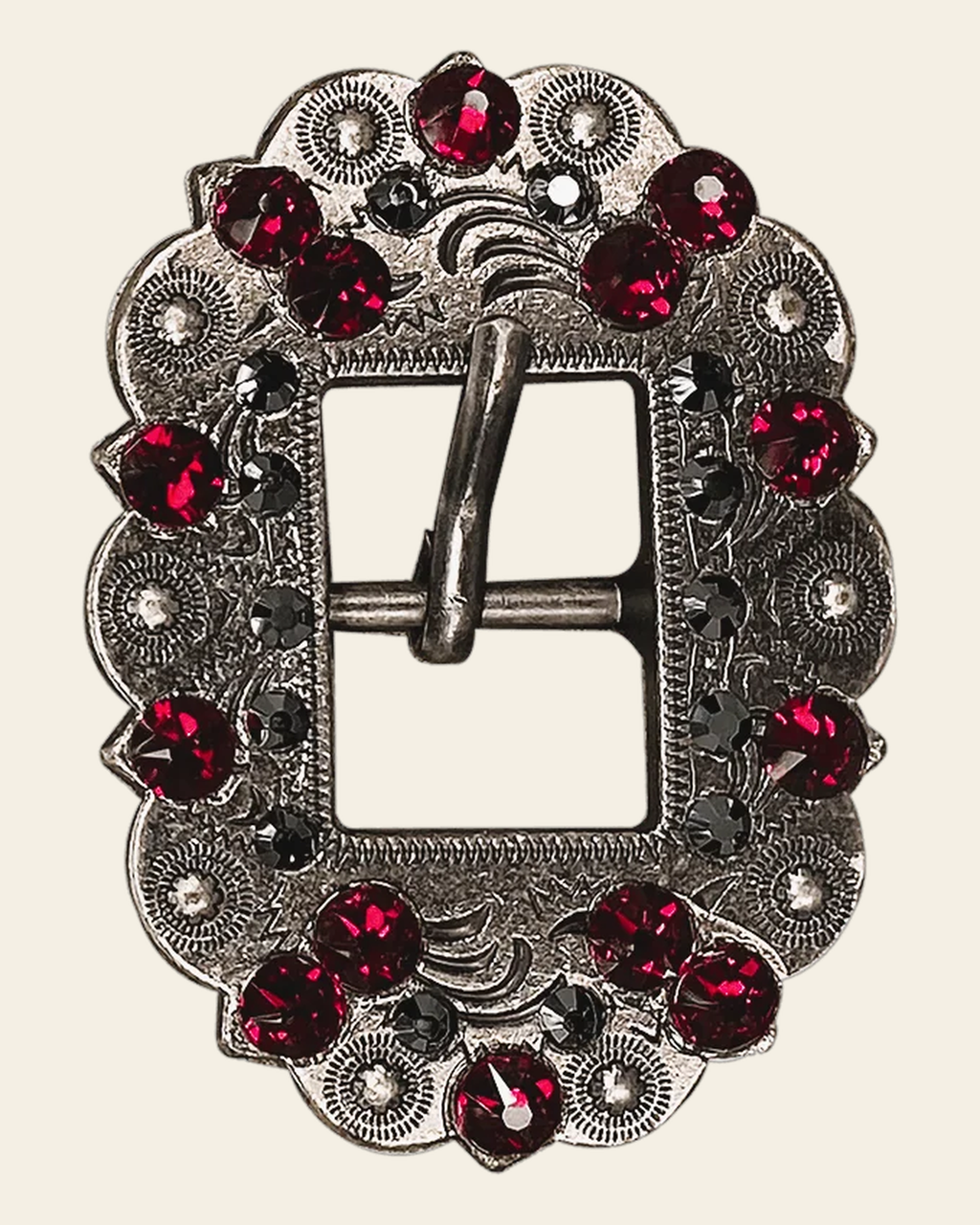 Ruby & Jet Antique Silver European Crystal Cart Buckle on a warm cream background