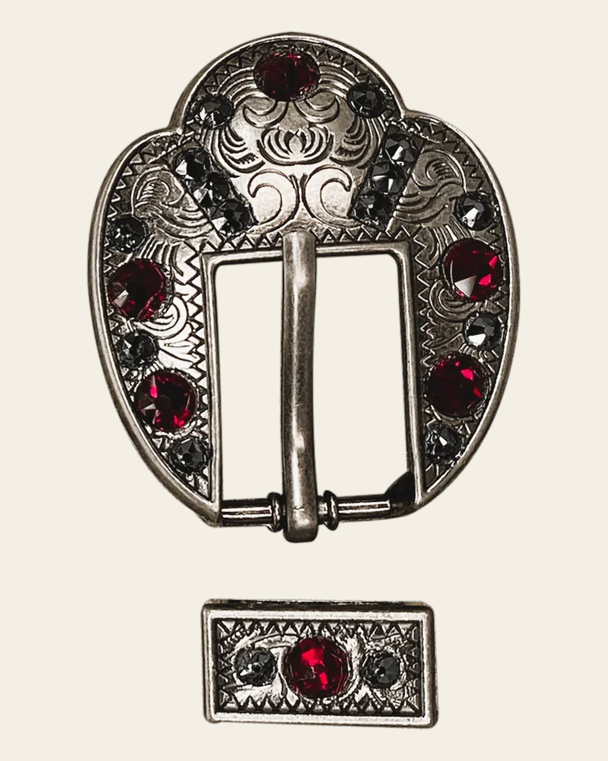 Ruby & Jet Antique Silver European Crystal Fancy Buckle on a warm cream background