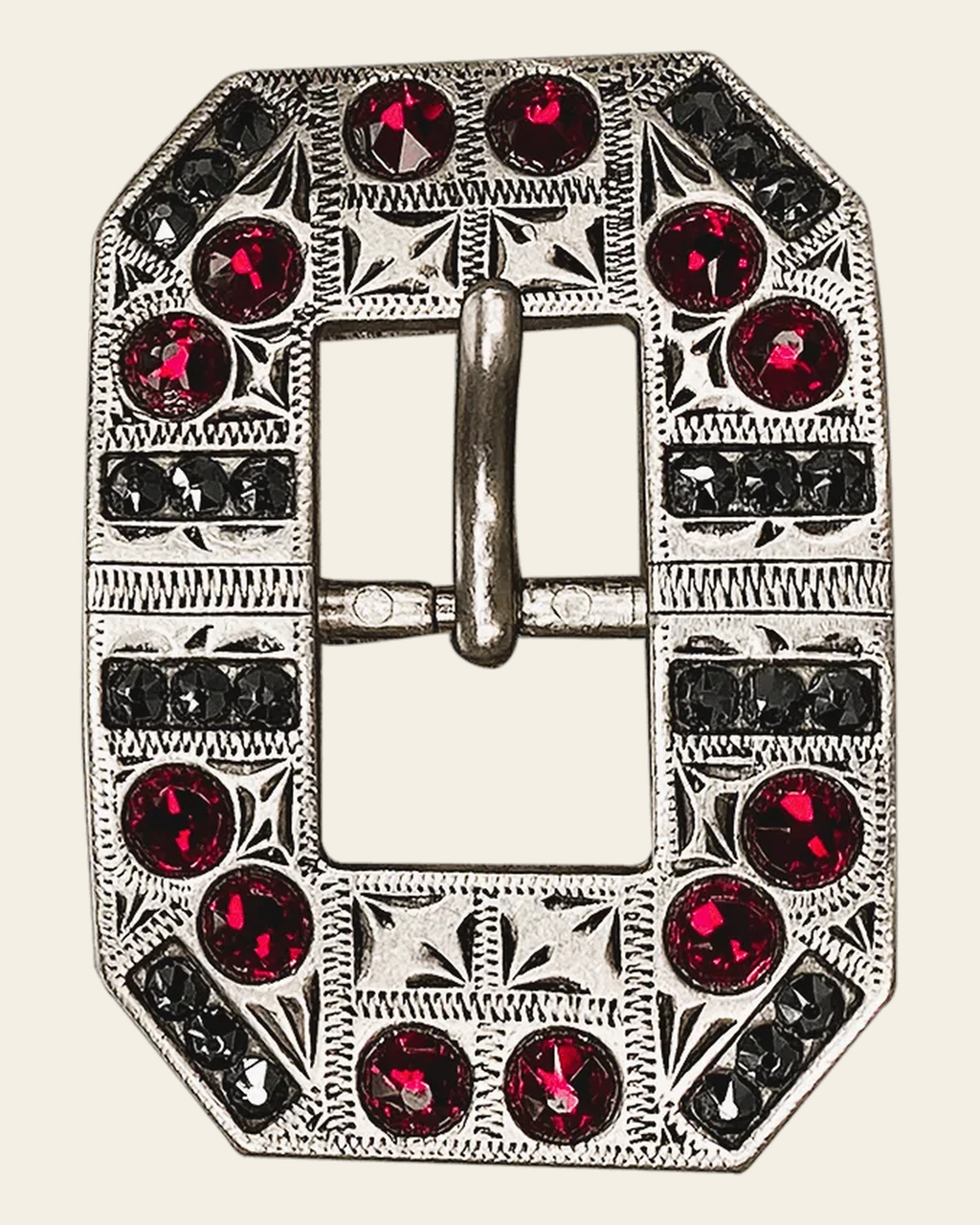 Ruby & Jet Antique Silver European Crystal Square Cart Buckle on a warm cream background