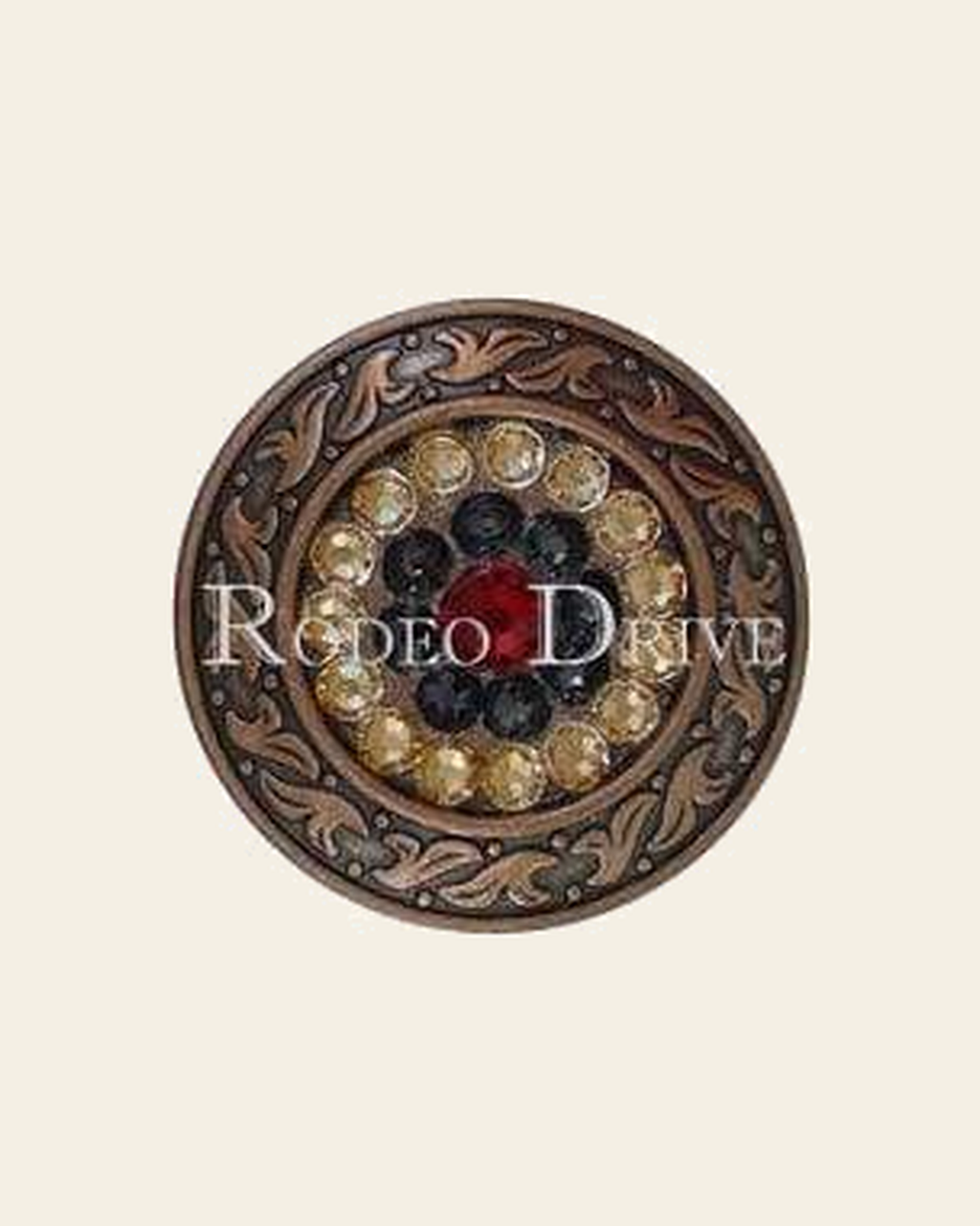 Ruby Jet & Champagne Copper 1.5" Disc European Crystal Concho on a warm cream background