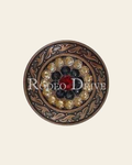 Ruby Jet & Champagne Copper 1.5" Disc European Crystal Concho on a warm cream background