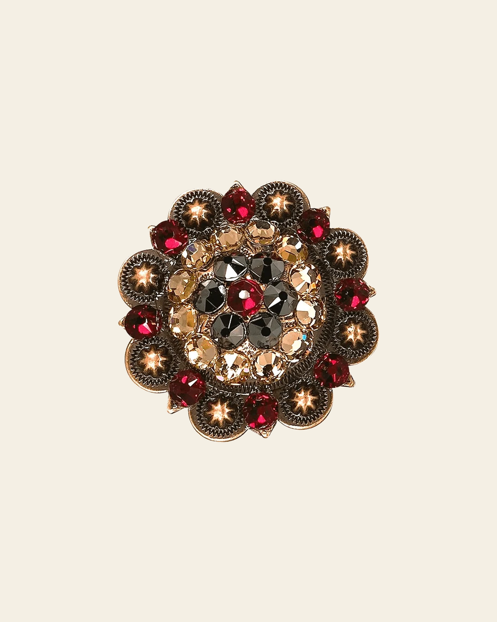 Ruby Jet & Champagne Copper 2" European Crystal Concho on a warm cream background