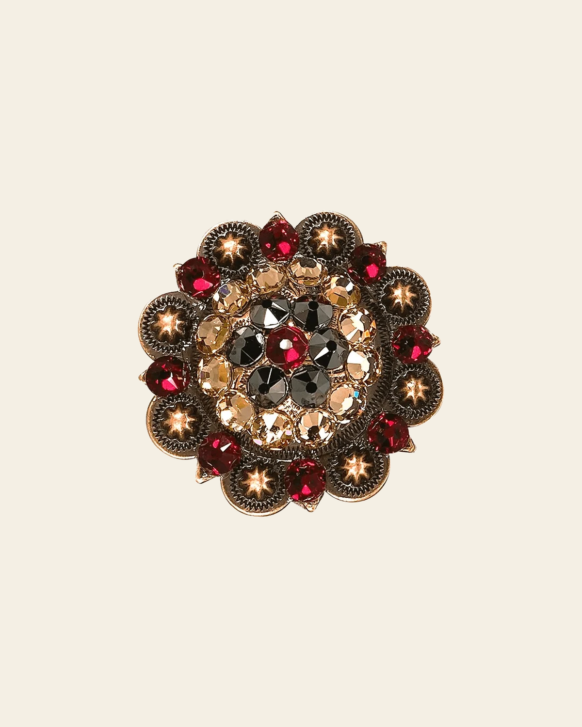 Ruby Jet & Champagne Copper 2" European Crystal Concho on a warm cream background
