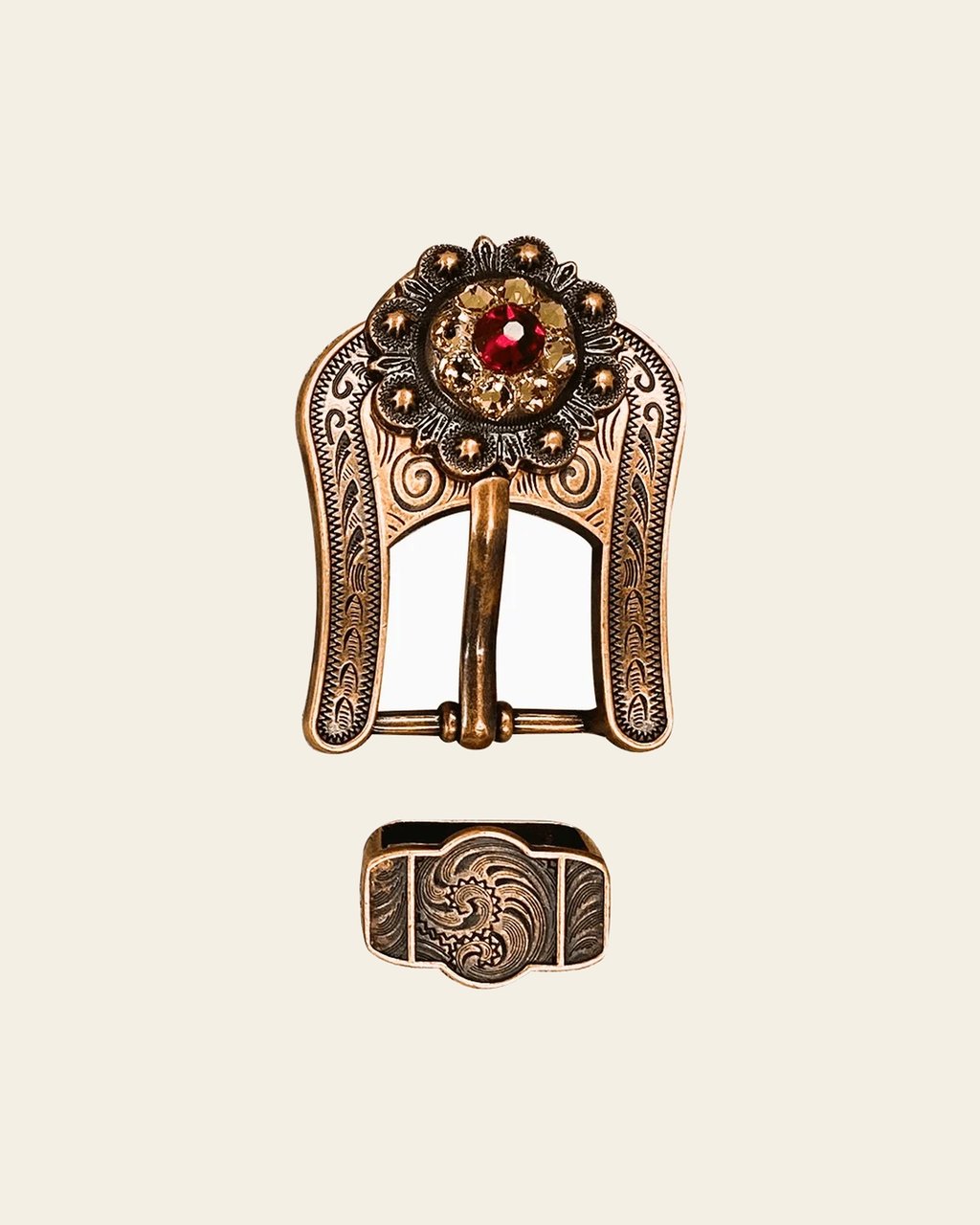 Ruby Jet & Champagne Copper European Crystal Buckle Keeper Set on a warm cream background