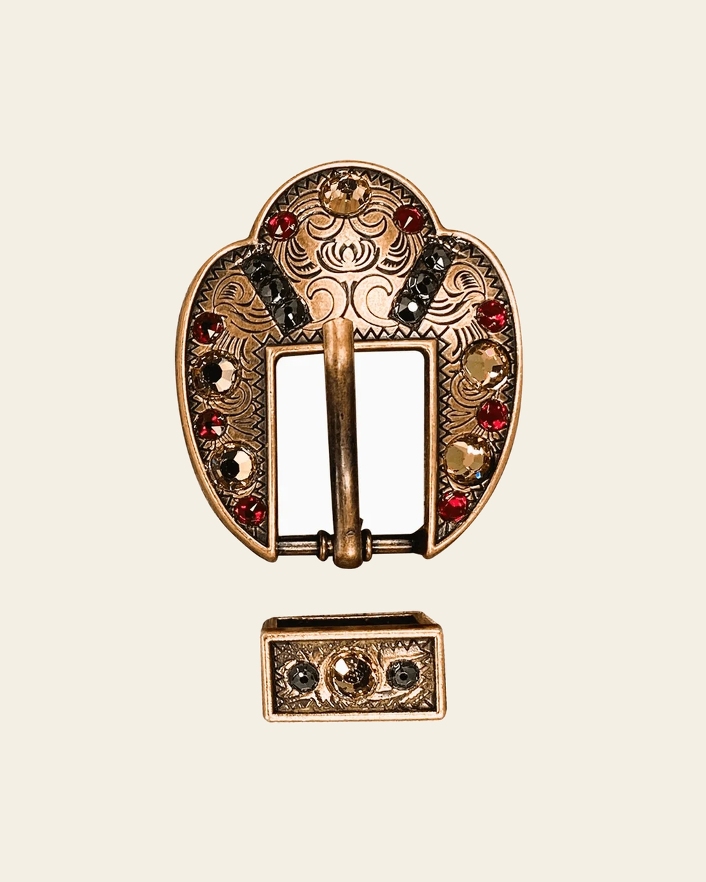 Ruby Jet & Champagne Copper European Crystal Fancy Buckle on a warm cream background