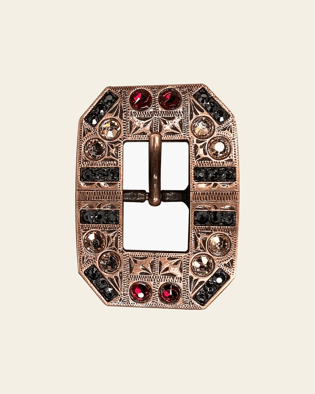 Ruby Jet & Champagne Copper European Crystal Square Cart Buckle on a warm cream background