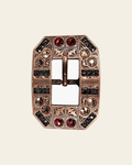 Ruby Jet & Champagne Copper European Crystal Square Cart Buckle on a warm cream background