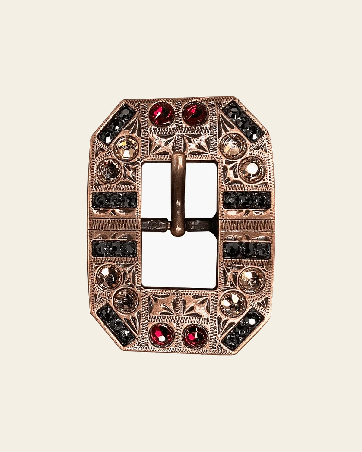 Ruby Jet & Champagne Copper European Crystal Square Cart Buckle on a warm cream background